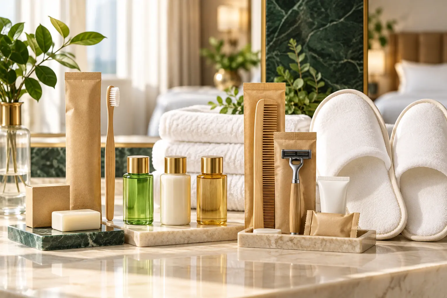 Hotel dental kit, comb, shaving kit, toiletries, towels and slippers