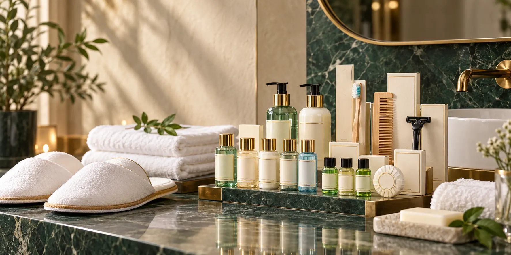 Premium hotel toiletries, guest amenities, towels and slippers